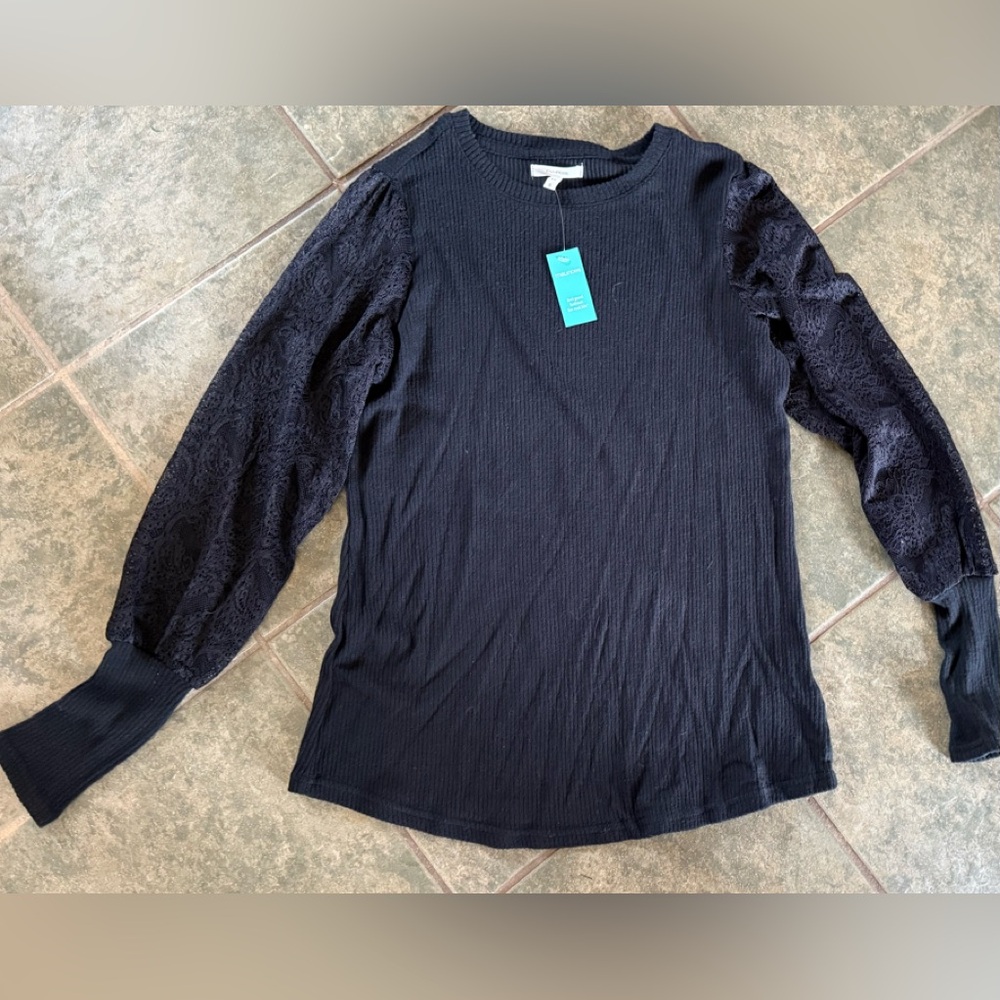Maurices Charcoal Ribbed Knit Top With Lace Sleeves